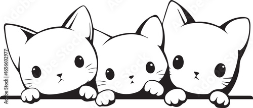 Trio of Curious Kittens: Three adorable kittens peek out from behind an unseen object, their faces filled with curiosity, rendered in clean, high-contrast lines.