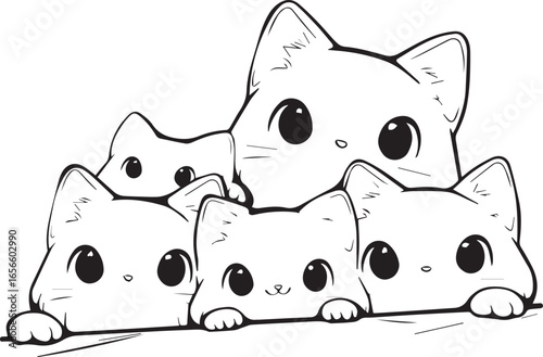 Curious Kitties Peeking: A charming illustration depicts a collection of adorable cartoon cats, their inquisitive eyes peeking over an unseen surface. The image exudes warmth, playfulness.
