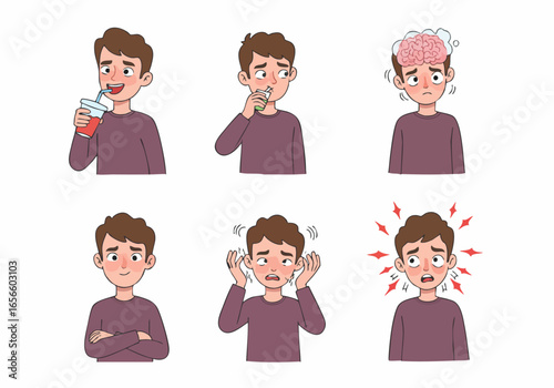 Illustrations depicting a range of physical sensations in a young man: from enjoyment to headache, brain freeze, and sensitivity.