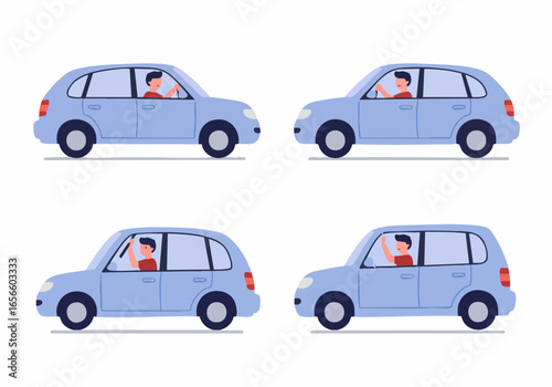 Four flat illustrations of a driver in a blue car, showing actions like steering, signaling, and waving, suitable for animation.