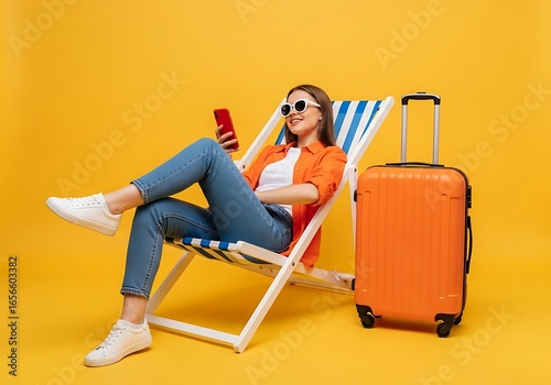 Woman relaxing in a lounge chair with luggage and phone, ready for vacation