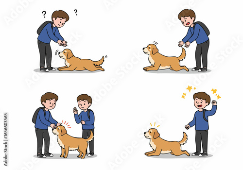 Dog Training Progress: A step-by-step cartoon showing a person teaching a dog to lie down, overcoming initial challenges to achieve success.