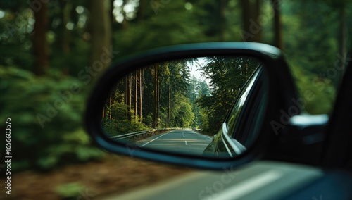 A car's side mirror reflecting a forest road