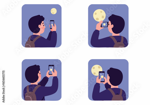 Man using smartphone to photograph and zoom in on the moon at night, step-by-step illustration of mobile photography.