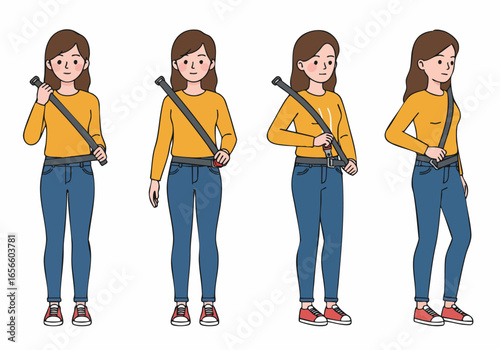 Woman Demonstrating Proper Seatbelt Usage: Step-by-Step Safety Guide Illustration