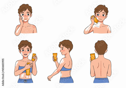 Illustrations depicting a person applying sunscreen to different body parts for sun protection, emphasizing a skincare routine to prevent sunburn.