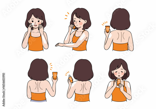 Illustration of a woman applying sunscreen to her face, arms, and back for effective sun protection and skincare routine.