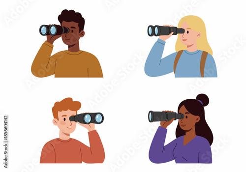 Diverse group of people looking through binoculars and telescope, symbolizing vision, exploration, future, and discovery.