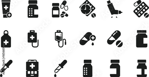 Medical icons, pharmacy, medicine, healthcare, drugs, pills, capsules, tablets, prescription, treatment, hospital, first aid, pharmacy symbols, healthcare icons