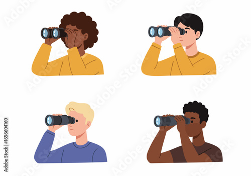 Diverse Group of People Using Binoculars: Exploring, Observing, Searching, and Discovering