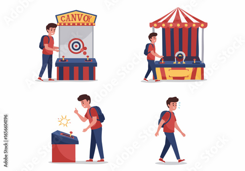 A young man's frustrating experience playing carnival games, showing his journey from hopeful attempts to ultimate disappointment and walking away defeated.