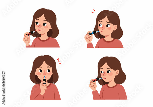 Woman checking her temperature with a thermometer, showing various expressions of concern and discomfort related to illness or health monitoring.