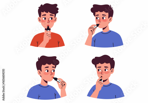 Young Man Using Nasal Spray for Allergy Relief and Common Cold Treatment - Health and Wellness Illustration Set
