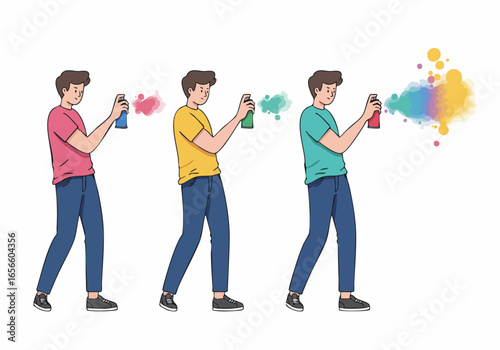 Creative Process: Man Using Spray Cans to Form a Full Spectrum of Colors