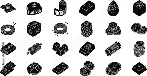 Precious metals and industrial materials isometric icons collection