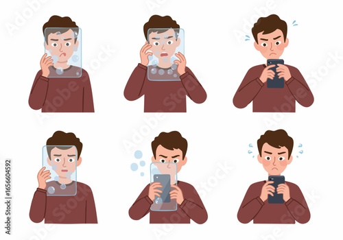 Man experiencing digital frustration and screen issues, showing various emotional reactions to problematic online interactions.