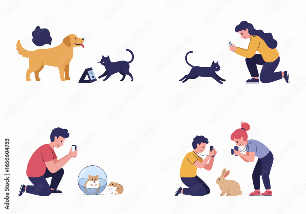 Naklejka premium Illustration of pet owners photographing their dogs, cats, hamsters, and rabbits with smartphones and cameras, highlighting animal companionship.