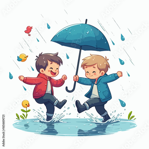 vector illustration of children playing in the rain