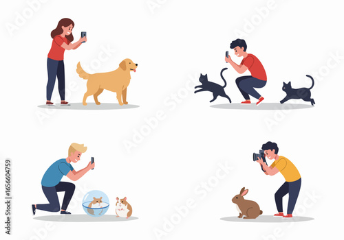 Owners capturing moments with their beloved pets: dogs, cats, hamsters, and rabbits, using smartphones and cameras.