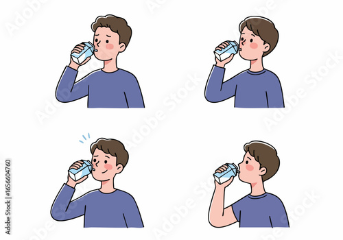 Illustrations of a young man drinking from a carton, showing various expressions from hesitant to satisfied.