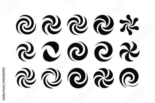 Black swirling abstract shapes and designs circular
