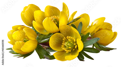 winter aconite spring flower macro isolated on white background, HD realistic
