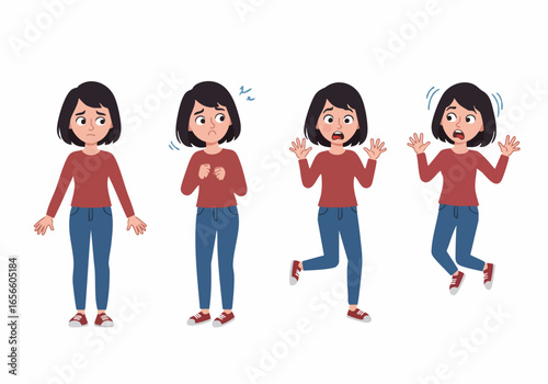 Illustration set showing a young woman's progression through emotions of worry, anxiety, and fear leading to panic.
