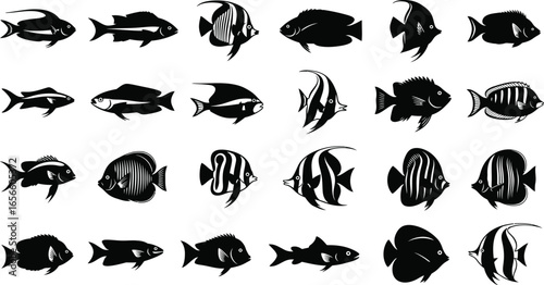 Diverse tropical fish silhouettes for oceanic themes