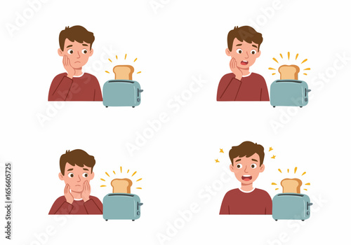 Cartoon illustration of a boy's expressions, from worry to joy, while observing a toaster popping up toast