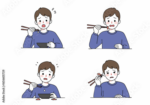 A man struggles to master chopsticks, depicting his humorous yet frustrating culinary challenges and food mishaps.