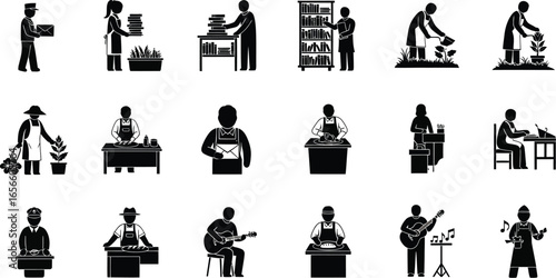 Diverse professions and hobbies illustrated in simple, clean icons