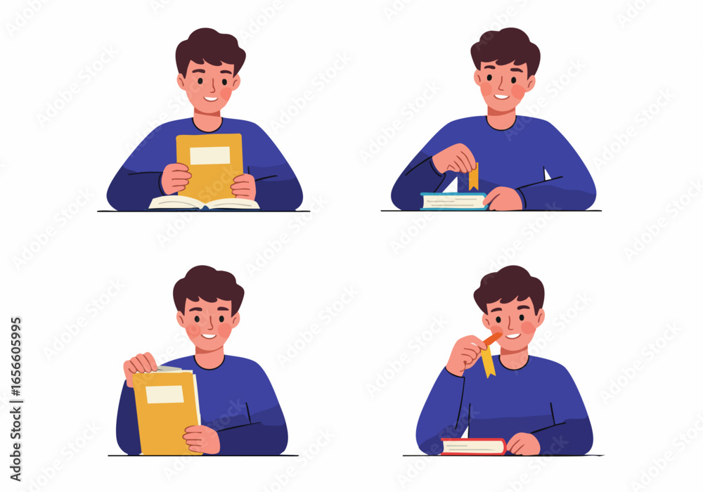 Fototapeta premium Happy young man demonstrating reading and bookmarking actions with books, flat cartoon vector illustrations on white background.