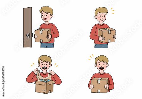Happy young man receiving and unboxing a package from home delivery, expressing joy and satisfaction.