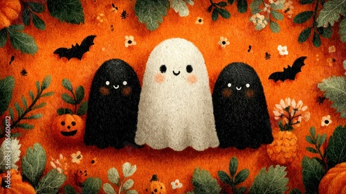 Halloween card with bats, ghosts, and decorations on orange background