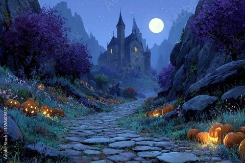 Halloween cartoon scene with pumpkins and castle
