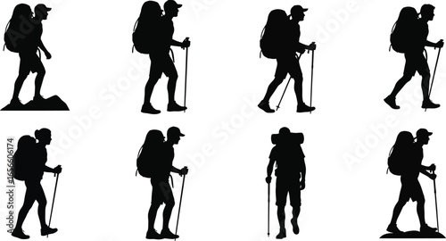 Silhouetted hikers enjoying the outdoors with backpacks and hiking poles