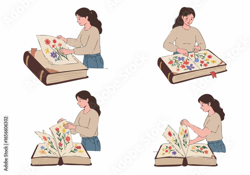 A young woman meticulously curates and explores a vintage botanical book filled with beautifully pressed flowers, illustrating a serene connection to nature and knowledge.
