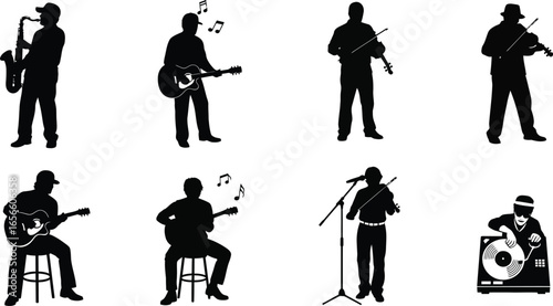 Silhouettes of musicians playing instruments, creating a lively musical scene