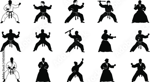 Martial Arts Fighters in Action Poses Silhouettes for Training & Design