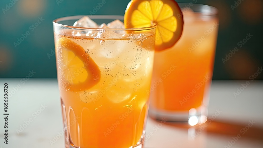Two glasses of refreshing orange drink with ice. Two glasses of refreshing orange drink with ice.