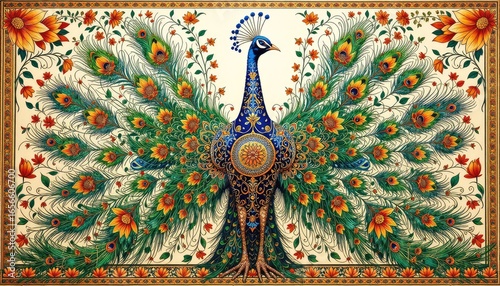 Traditional Indian Folk Art Peacock Illustration with Ornamental Floral Patterns