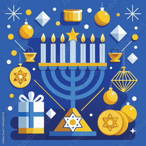 Hanukkah Festival Design – Menorah with Candles and Jewish Symbols