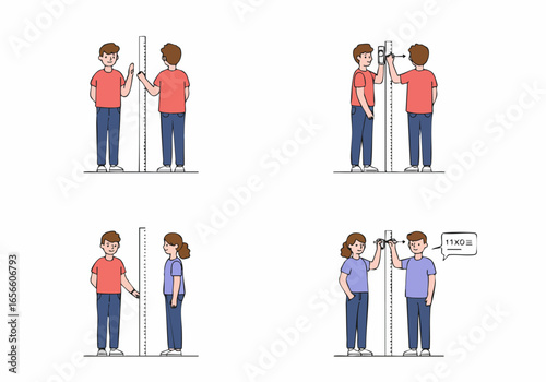 Illustrations of individuals and couples measuring height with a stadiometer, symbolizing growth and health monitoring.