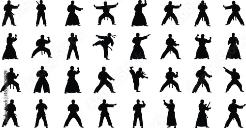 Dynamic martial arts poses in silhouette, perfect for design and training