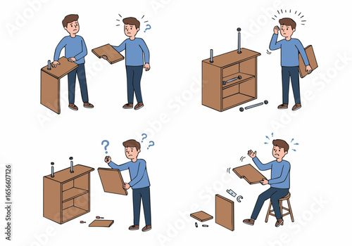 Frustrated man struggles with complex flat-pack furniture assembly, encountering difficulties and expressing confusion during the process.