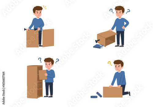 Confused Man Assembling Flat-Pack Furniture: A Humorous Struggle with DIY Home Improvement and Mistakes