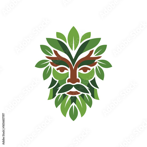 Green Man Face with Leaves and Branches.