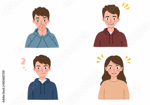 Cartoon illustrations depicting common human emotions: surprised, scared, confused, and happy expressions.