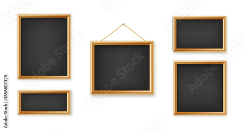 Signboards in a wooden frame hanging . Restaurant menu board. School vector chalkboard, writing surface for text or drawing. Blank advertising or presentation boards. Vector.