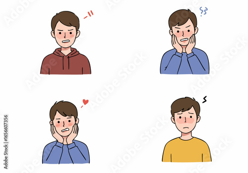 Collection of Young Man's Embarrassed and Shy Expressions Illustrating Blushing, Discomfort, and Awkwardness